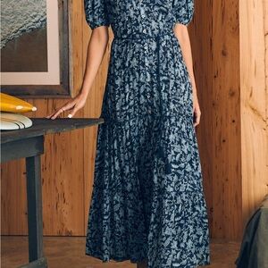 Faherty Orinda Maxi Dress Blue Esna Floral with Tie